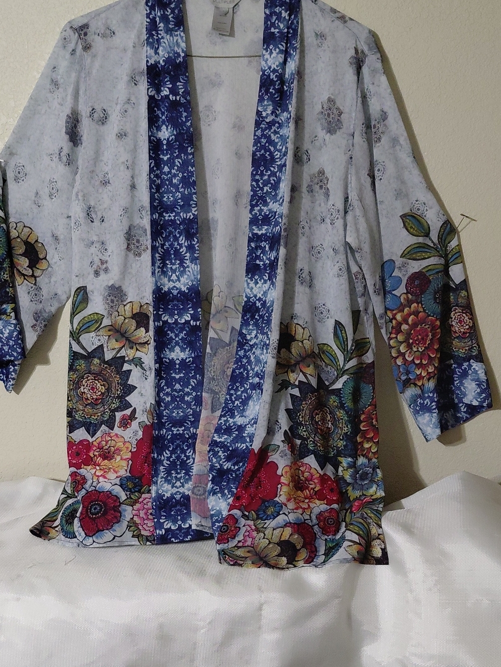 Multiples Floral Border Kimono. Bohemian Open-Front Kimono Robe - Blue Multi